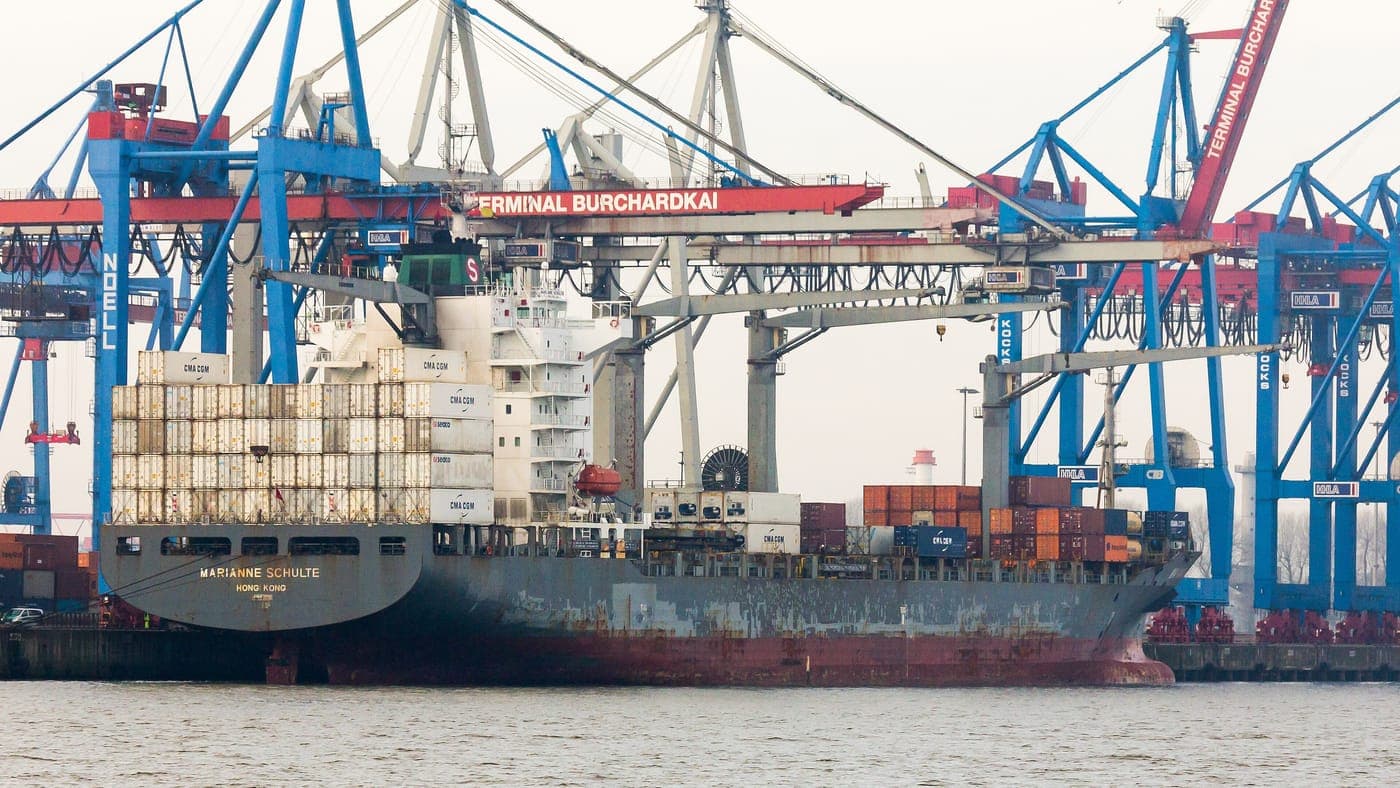 Container ship being loaded at a container terminal